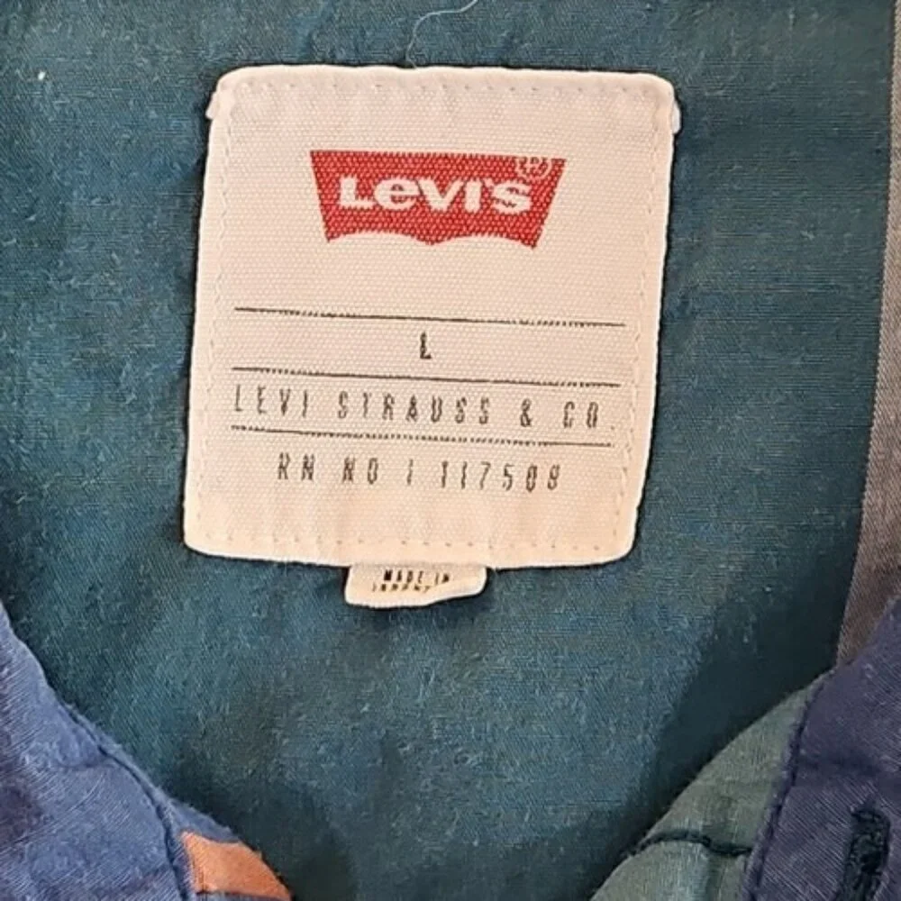 Levi's Western Pearl Snap Shirt Men's Large Green Blue Long‎ Sleeve EUC Cowboy